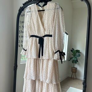 Just Me Ivory Polka Dot Midi Dress with Black Trim